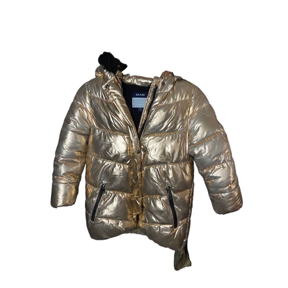 Kiabi girls rose, gold, black faux, fur, hooded coat, size 8